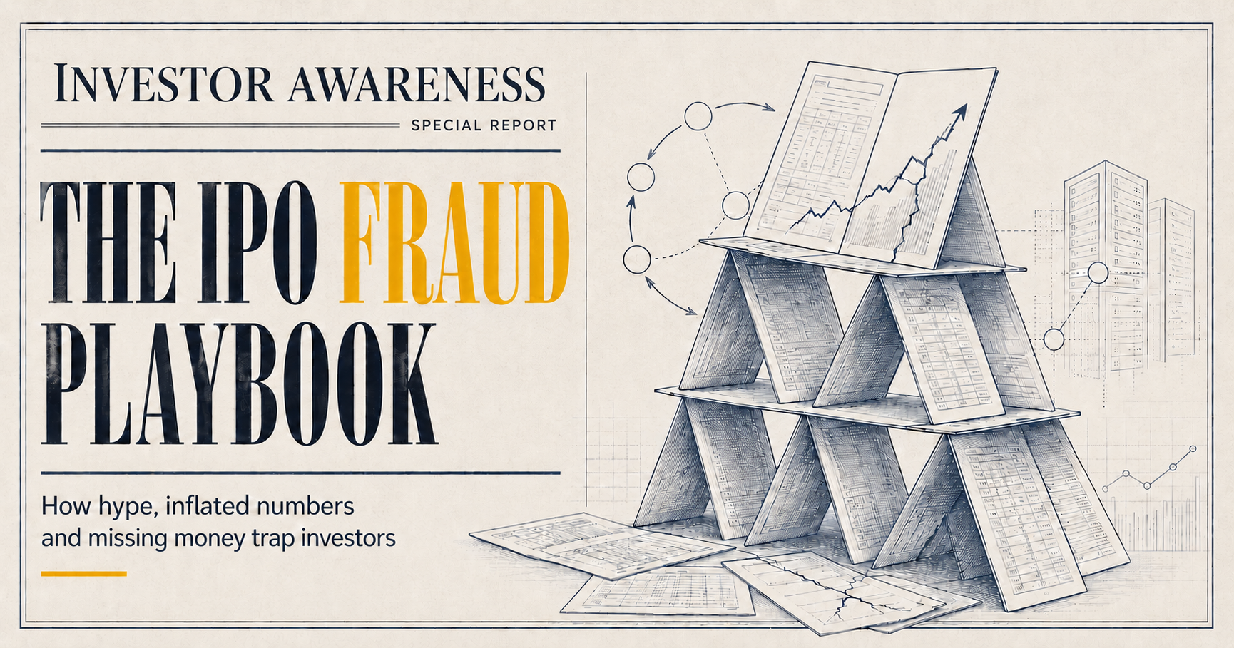 Investor awareness illustration titled “The IPO Fraud Playbook,” showing a financial house of cards representing IPO hype, inflated numbers and missing investor funds.