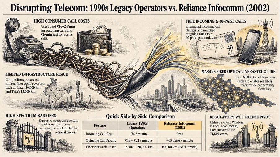 Vintage newspaper-style infographic comparing India’s 1990s telecom operators with Reliance Infocomm in 2002.