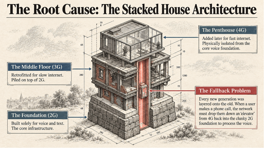 Vintage newspaper-style architectural illustration explaining the layered 2G, 3G and 4G infrastructure of legacy telecom networks.